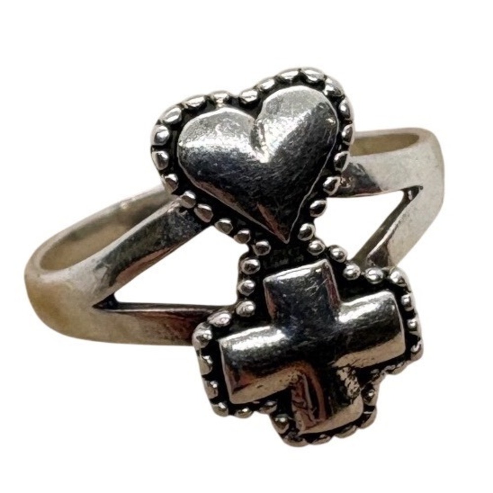 Sterling Silver Heart and Cross Milgrain‎ Ring 925 Split Shank Band Size 6.75